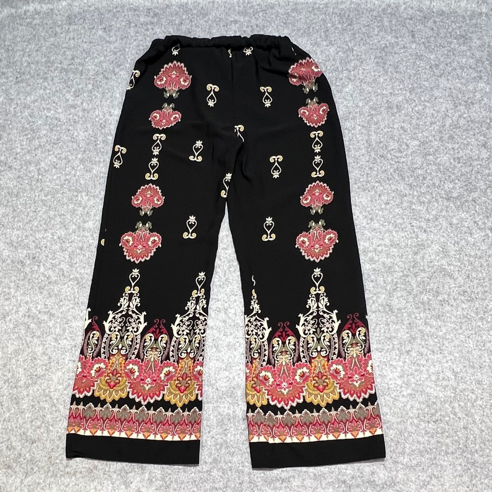 West Kei Womens Medium Wide Leg Pants Black Boho Floral Medallion Drawstring - Picture 3 of 6